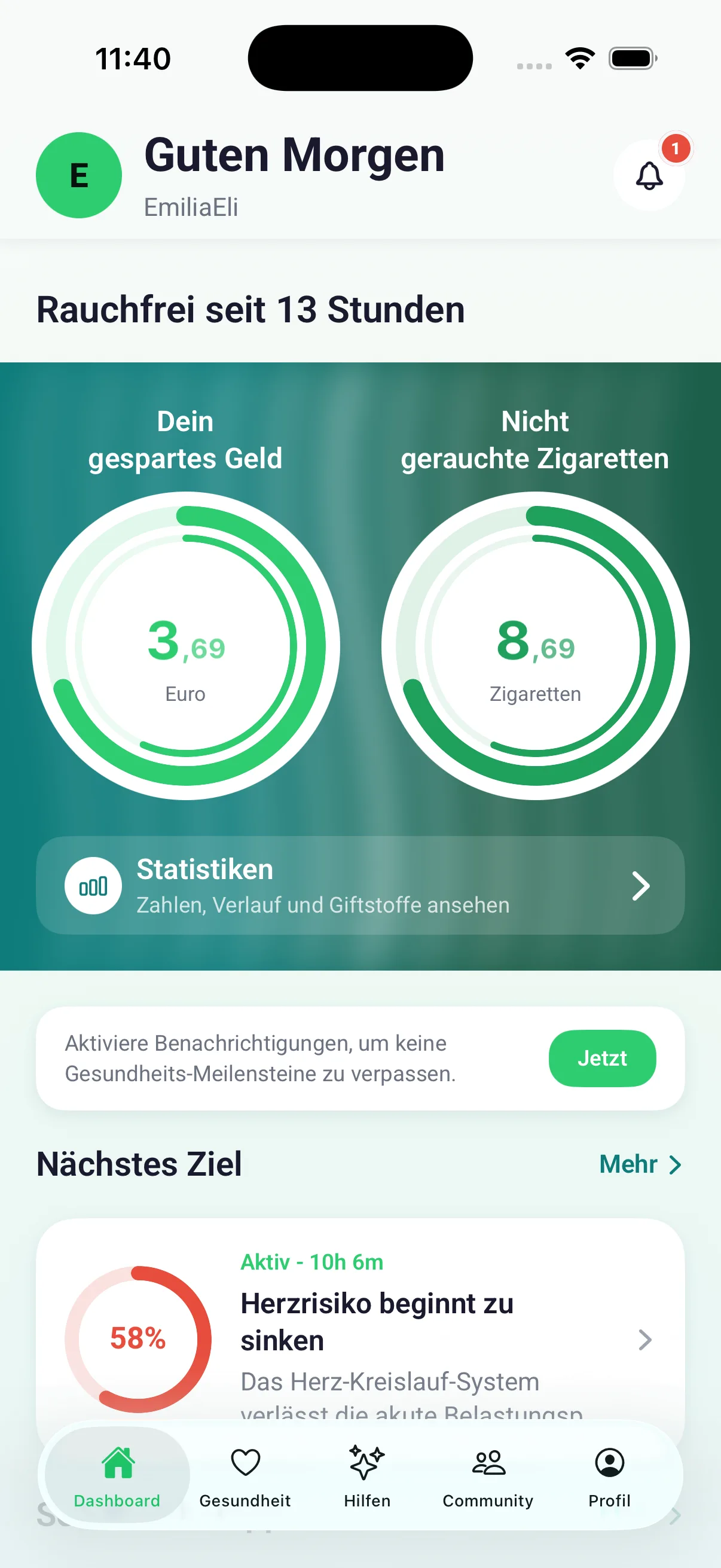 Dashboard mit Zählern für gespartes Geld und nicht gerauchte Zigaretten