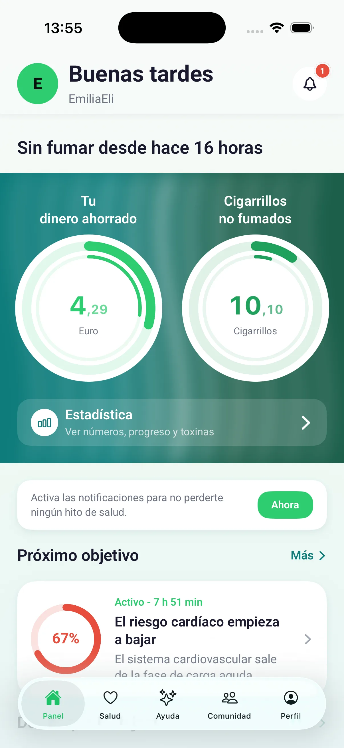 Panel con contadores de dinero ahorrado y cigarrillos no fumados