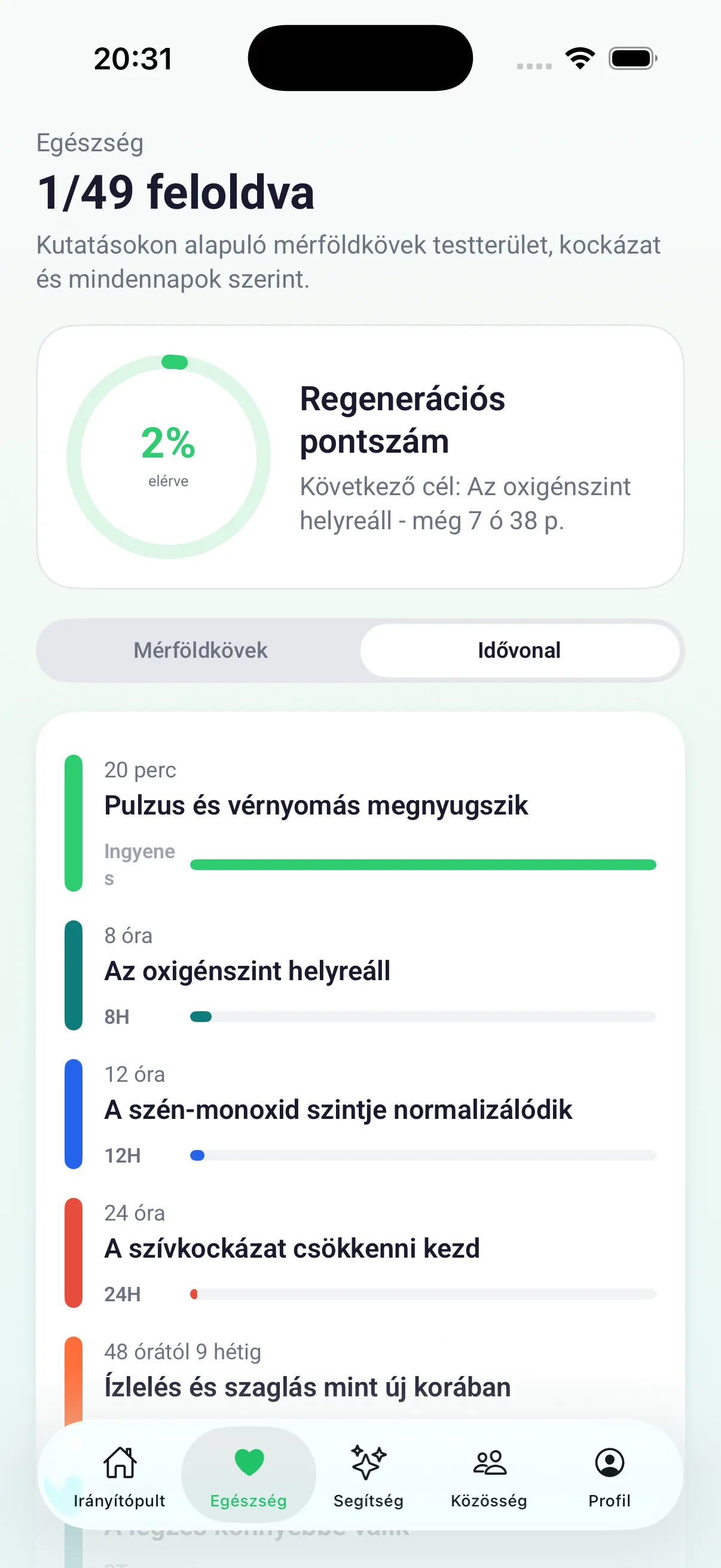 Egészségügyi mérföldkövek idővonala az aktuális haladással