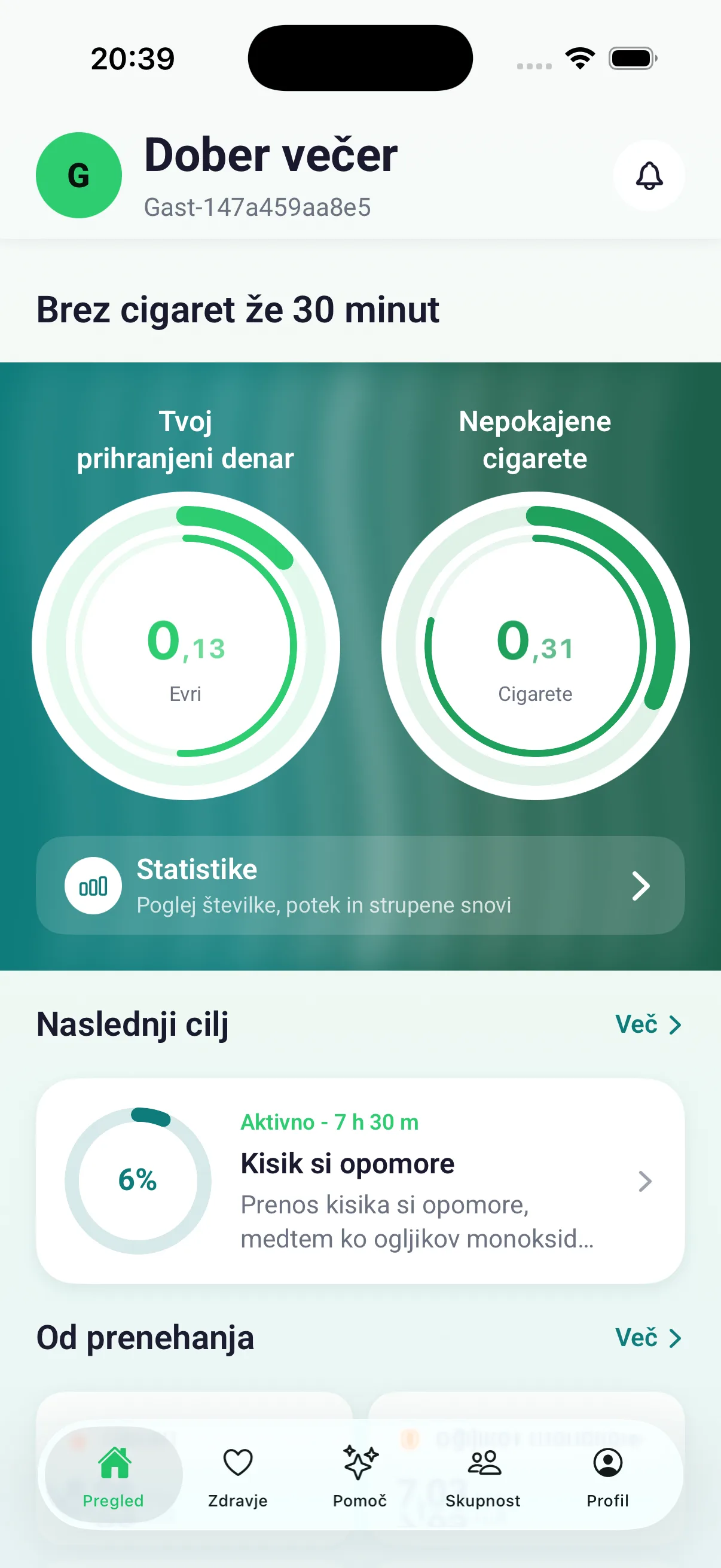 Nadzorna plošča s števcema prihranjenega denarja in nepokajenih cigaret